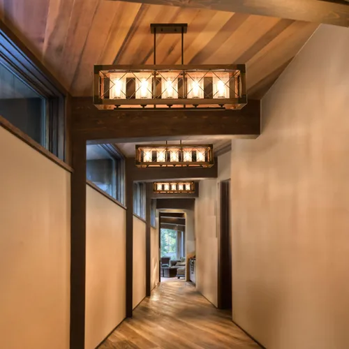 Vista 9 de Iluminación rústica de isla de cocina de granja, lámpara de 5 luces para comedor sobre mesa, lámpara de araña de madera rústica rectangular, lámpara