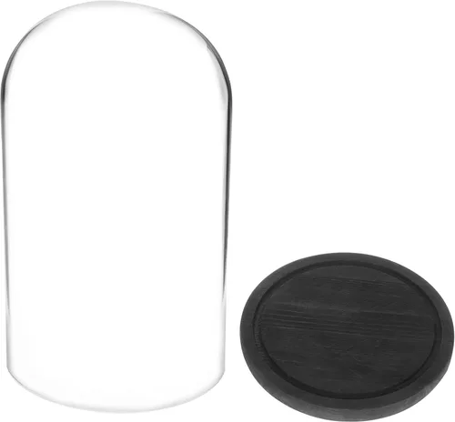 Vista 3 de MyGift The Bell Jar Cloche de cristal con base de madera negra, 10 pulgadas de alto, cúpula de cristal decorativa transparente para plantas Negro