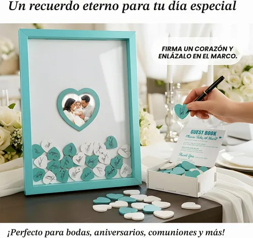 Vista 5 de Libro de invitados de boda azul alternativo para recepción con corazones de madera, un marco, decoración de libros, recuerdos para boda, ideas