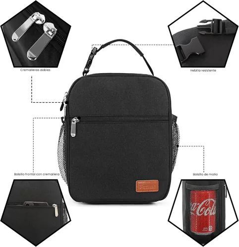 Vista 5 de Femuar Bolsa de almuerzo para hombres, mujeres y adultos, pequeña para oficina, trabajo, picnic, bolsa de almuerzo portátil reutilizable, color negro