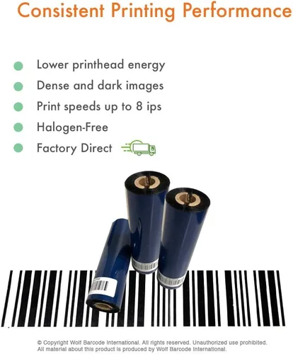 Vista 3 de Wolfbarco - 12 rollos de cinta de transferencia térmica de cera estándar negra de 4.33 pulgadas x 243 pies, compatible con impresoras Zebra, TEC