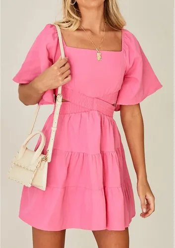 Vista 4 de Shy Velvet - Vestido de verano para mujeres, cuello cuadrado, mangas cortas, cintura cruzada, mini vestido de fiesta casual