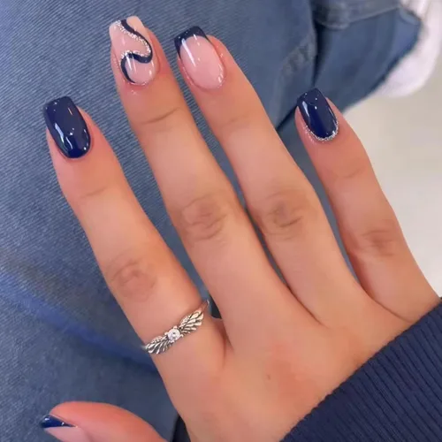 Vista 12 de Uñas postizas cuadradas cortas a presión, uñas postizas de color rosa, de cobertura completa, uñas postizas con purpurina plateada con diseños