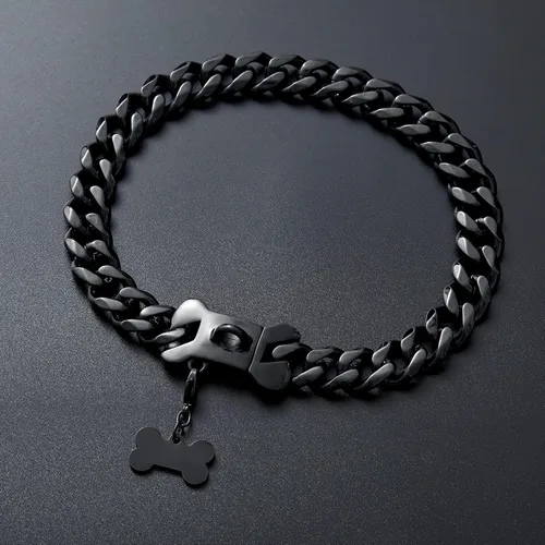 Vista 5 de Collar de eslabones cubanos, resistente, negro, de 10 a 26 pulgadas de ancho, acero inoxidable, collar con chapita personalizable, para perros