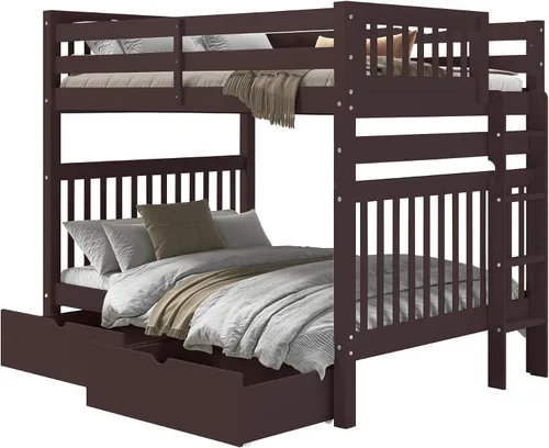 Vista 2 de Bedz King Literas de estilo misión matrimonial sobre completo con escalera de extremo y 2 cajones debajo de la cama, color cereza oscuro
