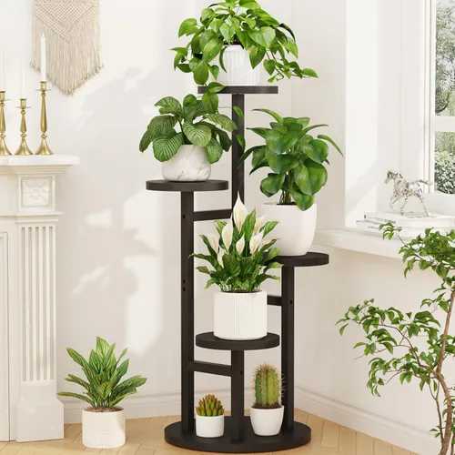 Vista 27 de LASZOLA Soporte Negro de Madera de 5 Niveles para Plantas de Interior para Macetas Más Grandes de Servicio Pesado, Estantes Verticales Resistentes
