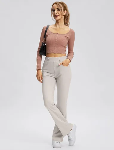 Vista 5 de Rammus Pantalones de yoga para mujer con bolsillos, pantalones de trabajo elásticos para mujer, corte de bota, para negocios, oficina, casual