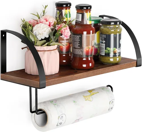 Vista 9 de BTY Soporte para toallas de papel con estante, soporte vintage de granja montado en la pared para toallas de papel debajo del gabinete, estante