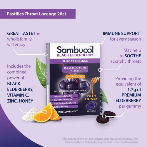 Vista 4 de Sambucol Pastilla negra de saúco para la garganta, gotas para el dolor de garganta con saúco negro, miel, vitamina C y zinc, alivio del dolor