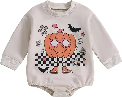 Vista 58 de Ropa de Halloween para bebé niña, sudadera con estampado de calabaza, mameluco de burbujas, lindo traje de Acción de Gracias de otoño