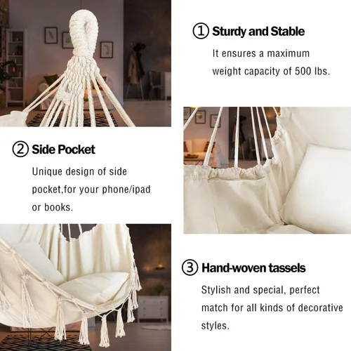 Vista 3 de Halalona Silla hamaca colgante de cuerda con 2 cojines y kits de herramientas, resistente y duradero, suave algodón tejido a mano, silla colgante