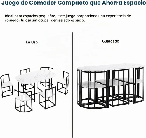Vista 4 de CITYLIGHT Juego de mesa de comedor de 7 piezas con marco de metal y escritorio de mármol sintético, juego de mesa de cocina con silla triangular