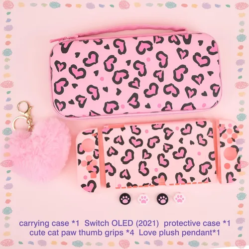 Vista 7 de DLseego Pink Love Leopard Carrying Case for Switch OLED, Cute Silicone Protective Soft Cover with 4PCS Thumb Grip Caps and Pink Plush Heart Pendant