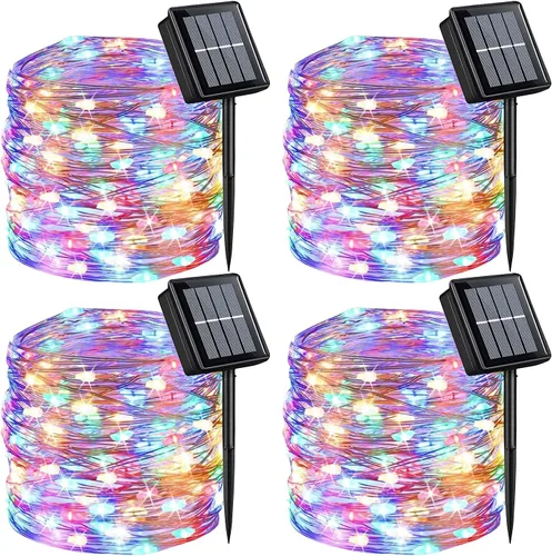 Vista 14 de QITONG - 4 paquetes de luces solares de Navidad blancas, cada una de 33 pies, 100 LED, luces de hadas impermeables para exteriores, 8 modos, luces