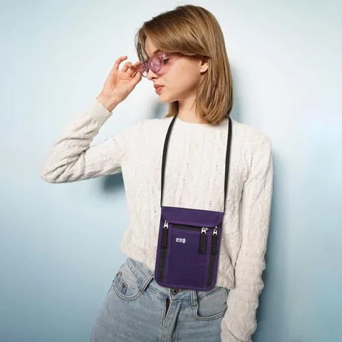 Vista 4 de Bolsa de viaje para el cuello, cartera para pasaporte familiar, funda organizadora con bloqueo RFID