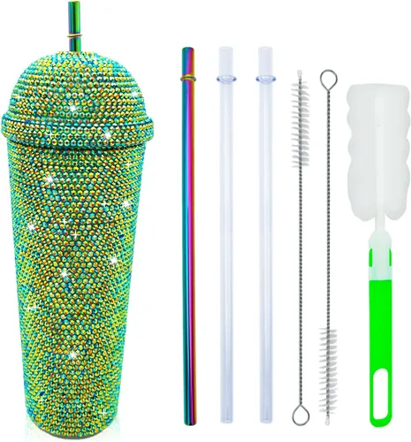 Vista 4 de Vaso de 24 onzas con diamantes de imitación hechos a mano con tachuelas, botella de agua reutilizable de plástico con doble pared con tapa y pajitas