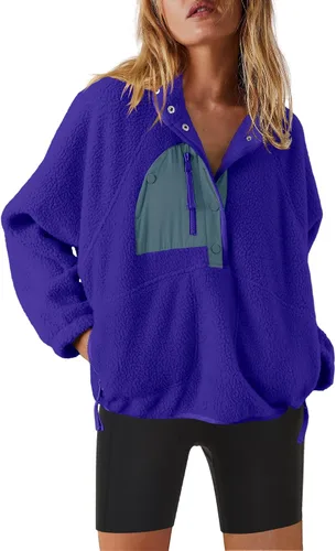 Vista 10 de Nirovien - Chaqueta de forro polar con capucha para mujer, manga larga, sherpa, sudadera mullida, abrigada, con botones y bolsillos Un rosa