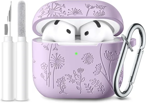 Vista 30 de Lerobo Funda para AirPods 5/4, funda de silicona suave grabada con flores A-Negro