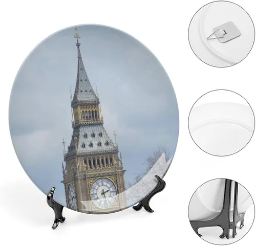 Vista 4 de Plato decorativo para exhibición, plato Big Ben London, plato redondo de cerámica, platos conmemorativos con soporte, adorno de porcelana