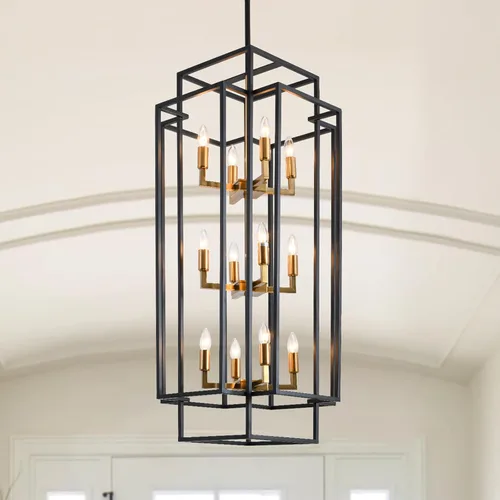 Vista 15 de Candelabro Negro de Granja, Candelabros Grandes para Techos Altos, Lámpara Colgante de Linterna Escalonada de 8 Luces, Accesorios de Iluminación