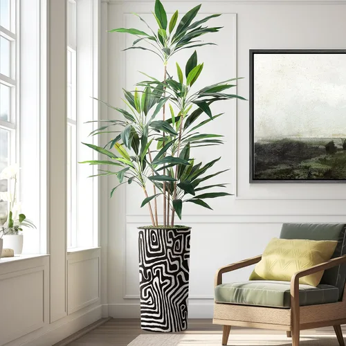 Vista 9 de Árbol artificial en macetero con patrón geométrico moderno, palmera tropical areca artificial de seda para decoración del hogar en interiores