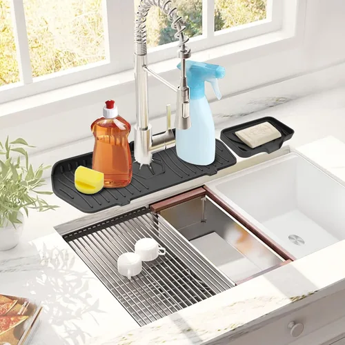 Vista 8 de Protector contra salpicaduras para fregadero de cocina y bandeja de jabón, tapete protector de silicona para grifo, soporte de esponja con boquilla