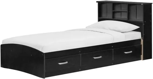 Vista 5 de Pemberly Row Moderna cama de madera tamaño individual con cajones, acabado negro, madera fabricada, cabecera de estantería, resistente a