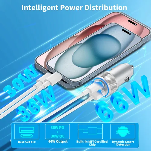 Vista 5 de USB-C Car Charger Fast Charging, Veetone 2Pack 66W PD&QC3.0 All Metal Type-C Power Cigarette Lighter USB Charger for iPhone 15/15 Plus/15 Pro/15 Pro
