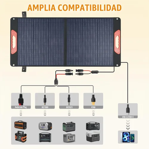 Vista 4 de Panel solar plegable de 100 W - Cargador para centrales eléctricas Monocristalino 23.5% de alta eficiencia QC3.0 salida USB-A/USB-C IP65