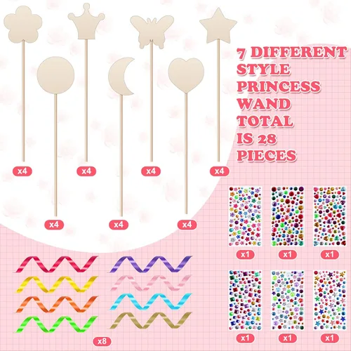 Vista 2 de Chumia El kit de 42 varitas de hadas de princesa incluye 28 varitas de madera de princesa, 6 calcomanías de gemas, 8 cintas, suministros de fiesta