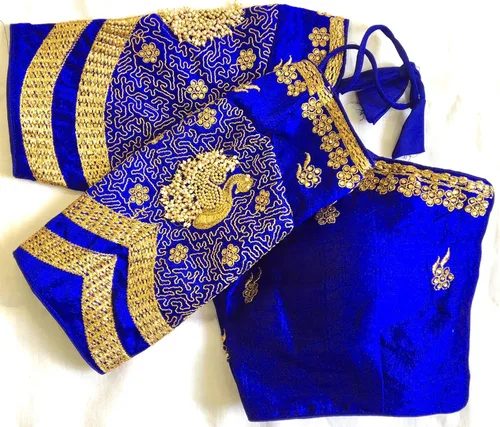 Vista 2 de Phantom Silk Handwork Designer Sari Heavy Embroidery Peacock Khatli Work with Stone Work - Blusa confeccionada, Azul Real