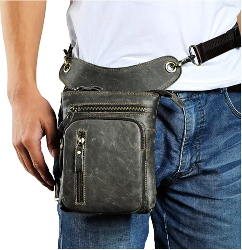 Vista 2 de Le'aokuu Riñonera deportiva de cuero genuino para mujer y hombre, riñonera, para montar a la cadera, para muslo, piernas cruzadas