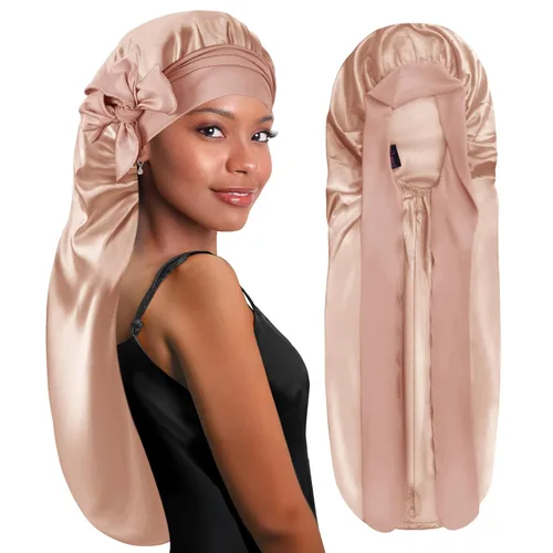 Vista 31 de BONNET QUEEN Gorro de Trenza de Seda Gorro Plegable Extra Largo para Trenzas con Banda de Atar, Capó de Satén Largo para Dormir, Verde Oscuro