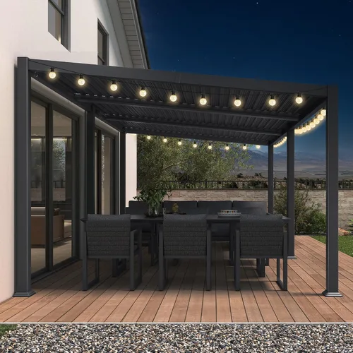 Vista 29 de PURPLE LEAF Pérgola con listones de techo rígido de 8 x 10, pérgola de aluminio para patio al aire libre con techo ajustable a prueba de lluvia