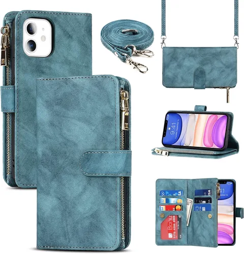Vista 8 de Funda cruzada para iPhone 11 con correa, 6.1 pulgadas, color negro for Women Men,Credit Card Holder,9 Card Slots,Purse,Long Shoulder Lanyard,Short