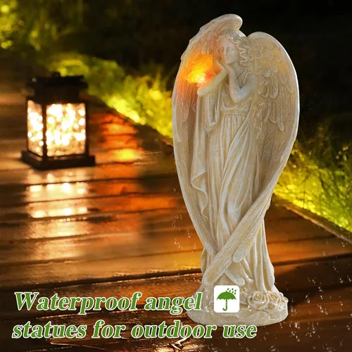 Vista 6 de Figura de ángel, grandes estatuas de jardín de ángel para exteriores con luces LED solares de mariposa, decoración de césped, adorno escultórico