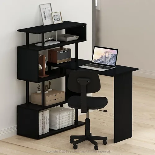 Vista 2 de Furinno Escritorio clásico, escritorio para juegos en forma de L de 40 pulgadas de ancho, escritorio para computadora, escritorio con estantes