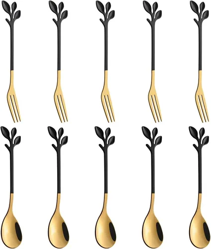 Vista 12 de AnSaw Juego de 10 mini cucharas y tenedores negros de 4.7 pulgadas, acero inoxidable, mango de hoja, ideal para café, té, aperitivos, degustaciones