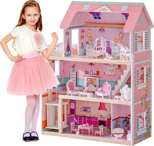 Vista 9 de ROBUD Casa de madera para muñecas, juego de casa de muñecas con 24 piezas de accesorios exquisitos, ascensor que funciona, regalo para niños de 3