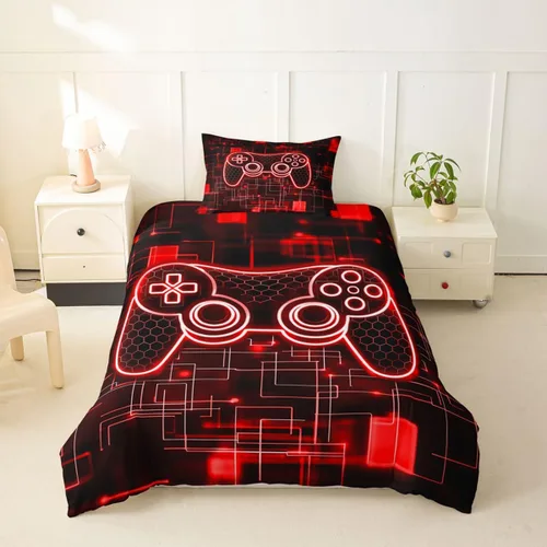 Vista 21 de Juego de funda de edredón con diseño de videojuegos para niños, tamaño individual, negro y azul a cuadros, juego de ropa de cama moderna