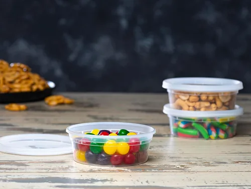 Vista 6 de Recipientes de delicatessen con tapas [48 juegos – 8 onzas.] Pequeño recipiente de plástico para sopa – Contenedores desechables de almacenamiento