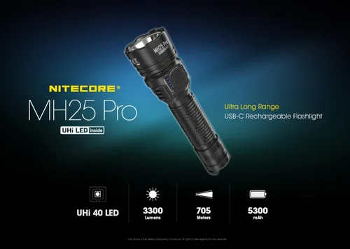 Vista 2 de Nitecore MH25 Pro - Linterna de largo alcance, 3300 lúmenes de alto lumen de 770 yardas de largo alcance, USB-C recargable compacta luz de caza