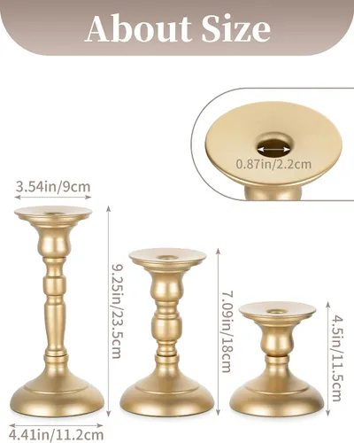 Vista 4 de Sziqiqi Portavelas dorados decorativos: candelabros para pilares, juego de 3 portavelas cónicos para mesa de boda, chimenea, mantel de vacaciones