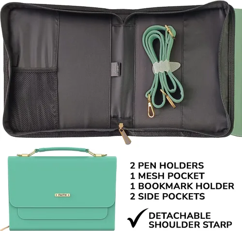 Vista 17 de DEHITE Funda para la Biblia para mujer, bolsa de transporte para la Biblia, ranuras para bolígrafos, bolsillo con cremallera, correa para el hombro