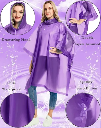 Vista 17 de Paquete de 2 ponchos de lluvia para adultos, reutilizables, impermeables, de supervivencia, emergencia, resistente, con capucha con cordón