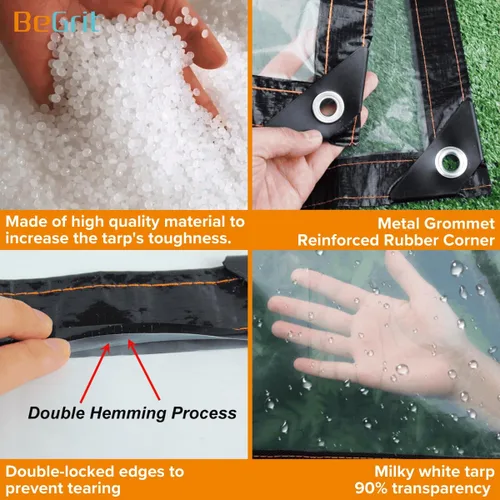 Vista 3 de BeGrit Lona transparente impermeable con ojales, a prueba de polvo, lluvia y viento, para invernadero, jardín, patio, con 18 cuerdas elásticas