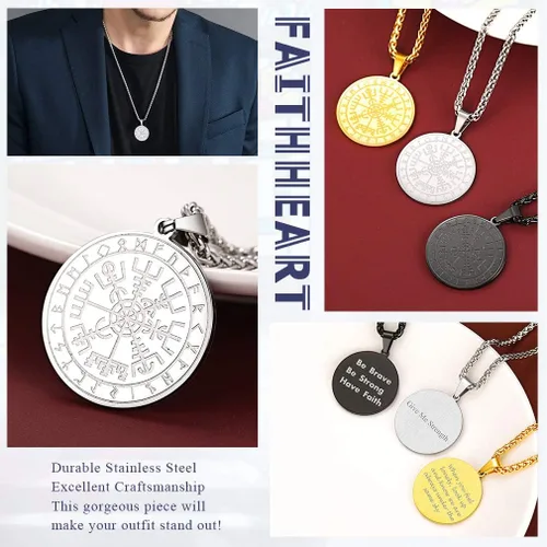 Vista 5 de FaithHeart Viking Medal Necklace for Men Sturdy Stainless Steel Pendant Necklaces Retro Norse Mythology Jewelry with Gift Box