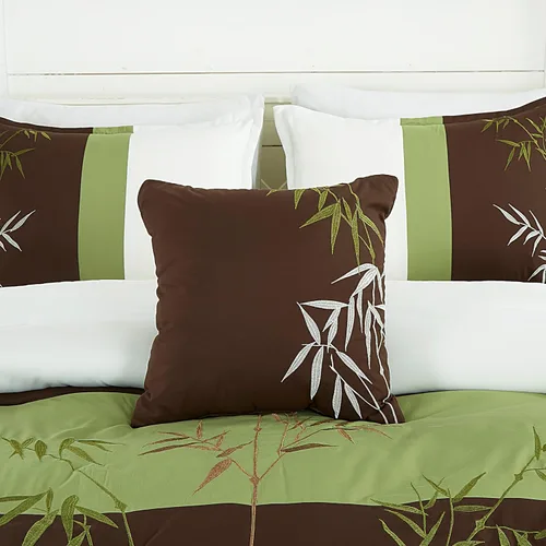 Vista 7 de Chezmoi Collection Bengal - Juego de edredón bordado de bambú de 7 piezas, tamaño matrimonial, ropa de cama de microfibra de hierba de bambú verde