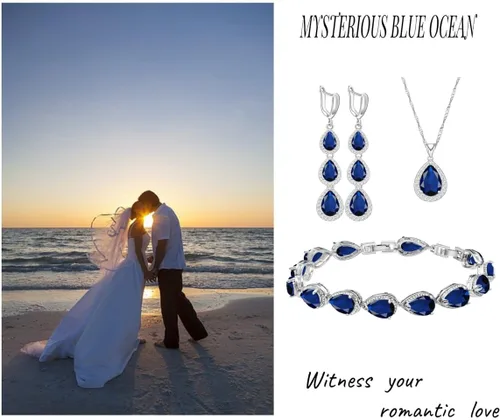 Vista 2 de LMXXVJ Juego de collar y aretes largos, chapados en oro blanco, juego de joyas de zafiro azul creado, joyería de regalo para boda, fiesta, joyería