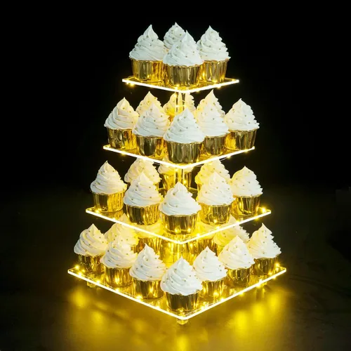 Vista 17 de Soporte para Cupcakes, Soporte Redondo para Cupcakes de 4 Niveles con Tira de Luces LED, Torre de Exhibición de Cupcakes de Acrílico para Bodas, Azul